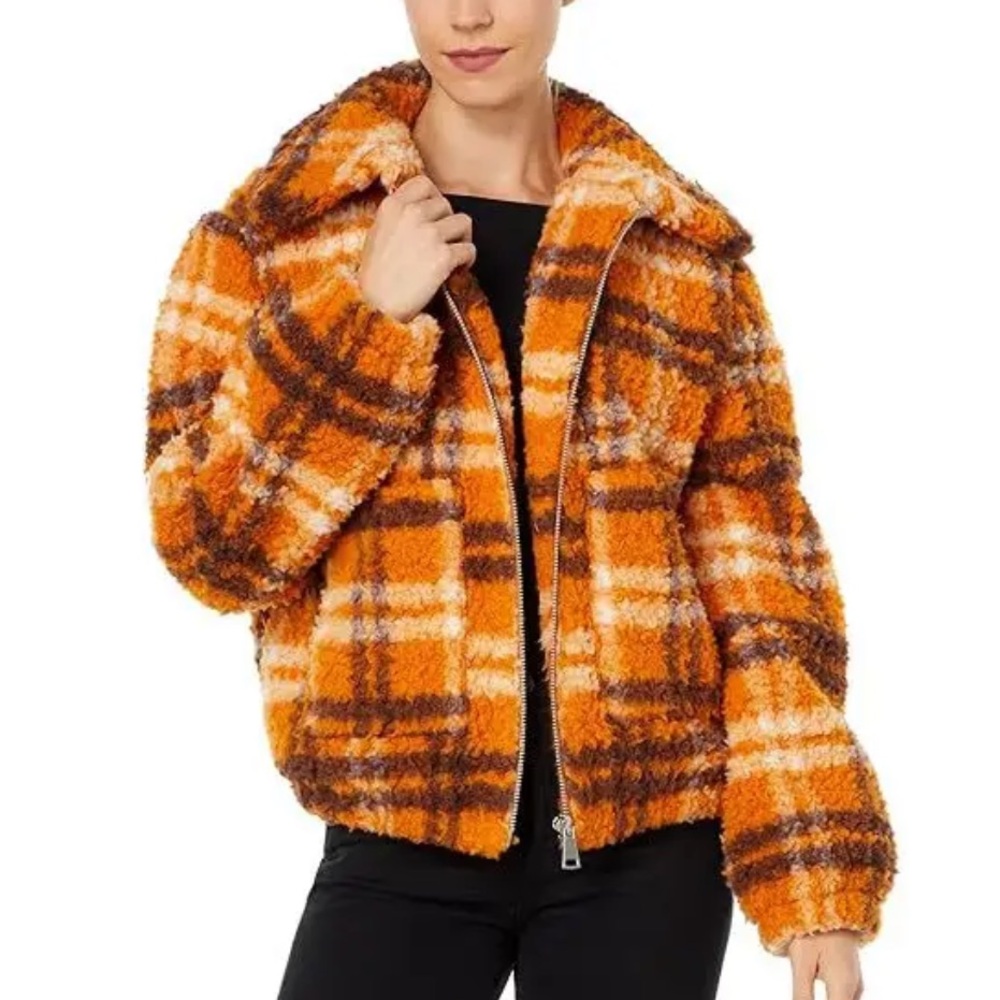 NWT apparis‎ Francis Sherpa zip jacket plaid small orange brown womens